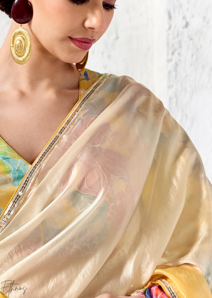 Yellow Ombre Floral Border Organza Silk Saree