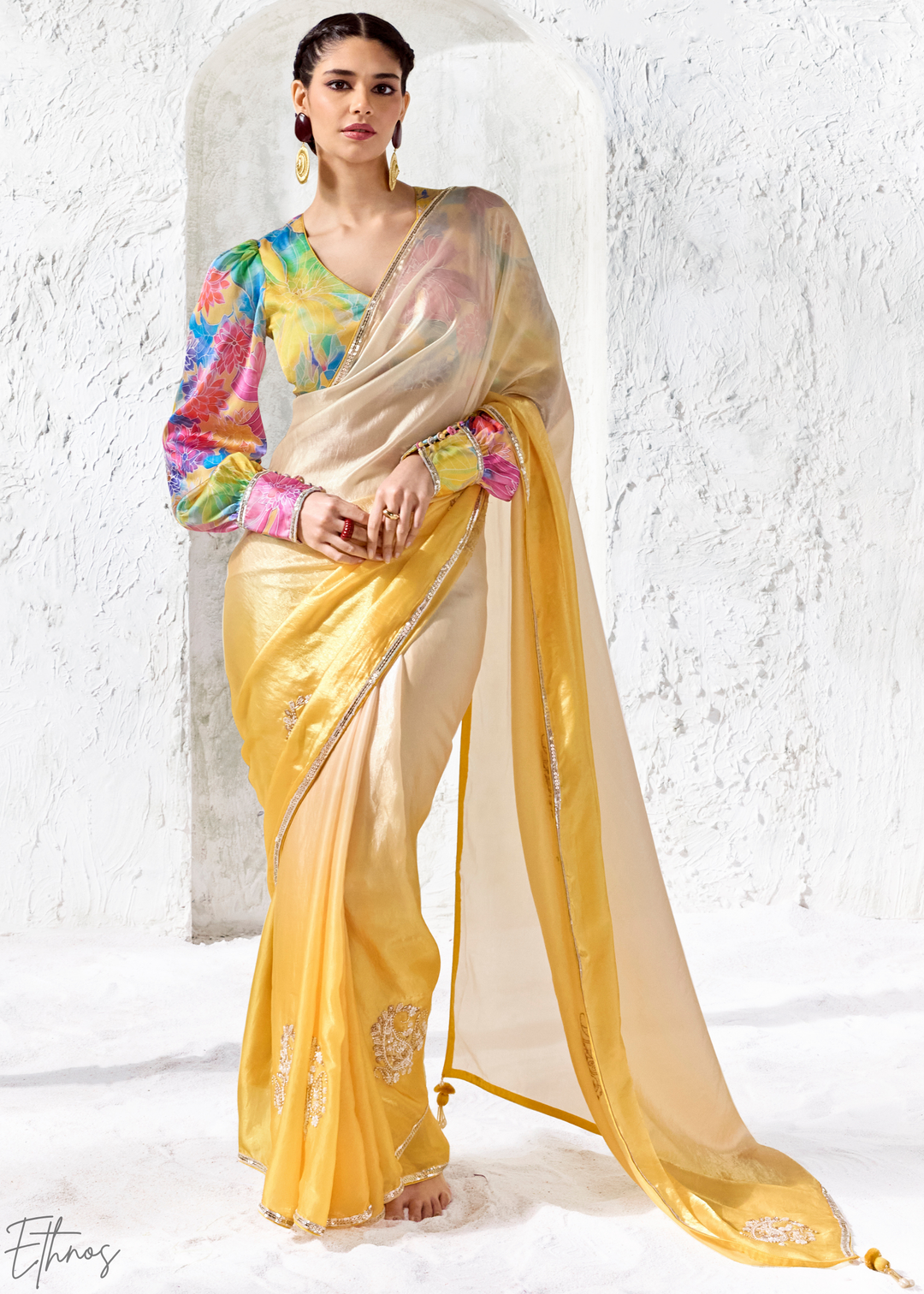 Yellow Ombre Floral Border Organza Silk Saree