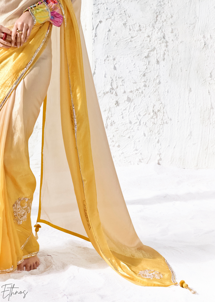 Yellow Ombre Floral Border Organza Silk Saree
