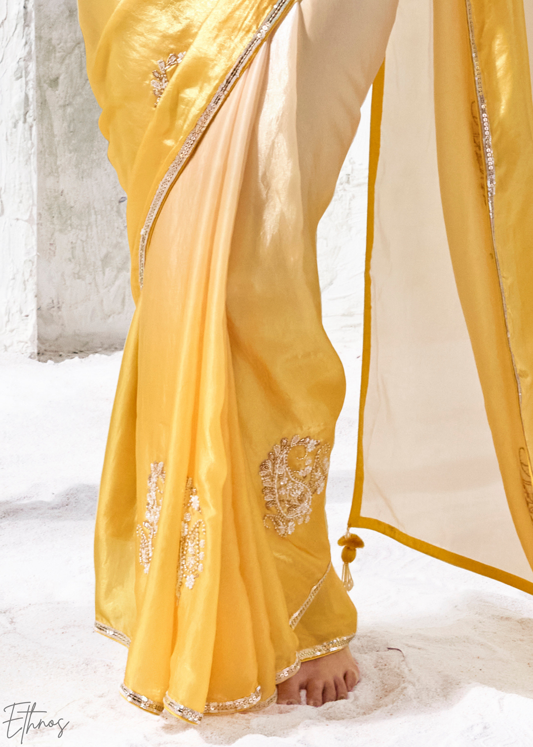 Yellow Ombre Floral Border Organza Silk Saree