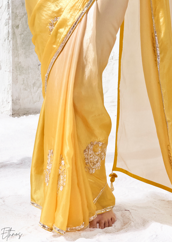Yellow Ombre Floral Border Organza Silk Saree