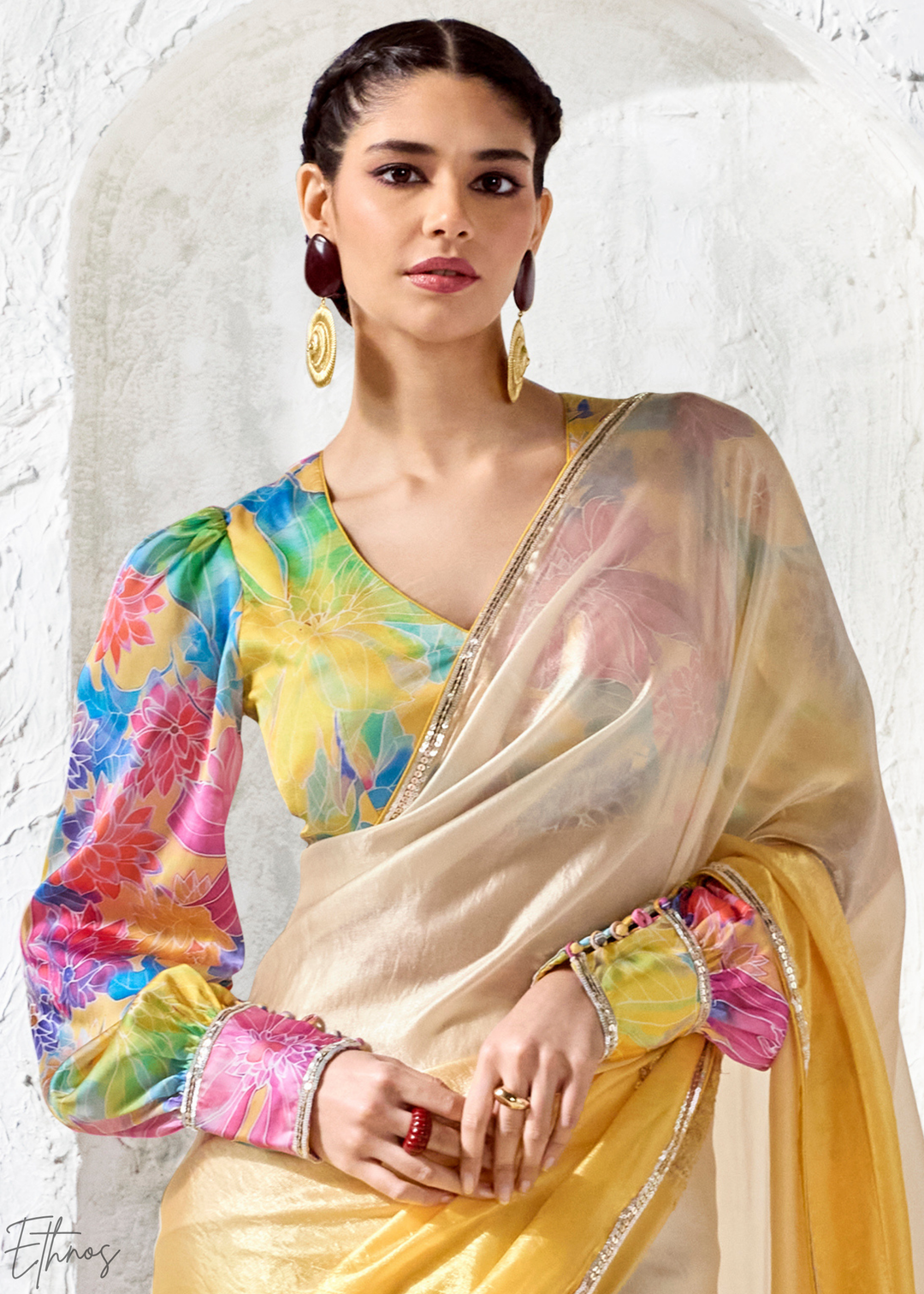 Yellow Ombre Floral Border Organza Silk Saree