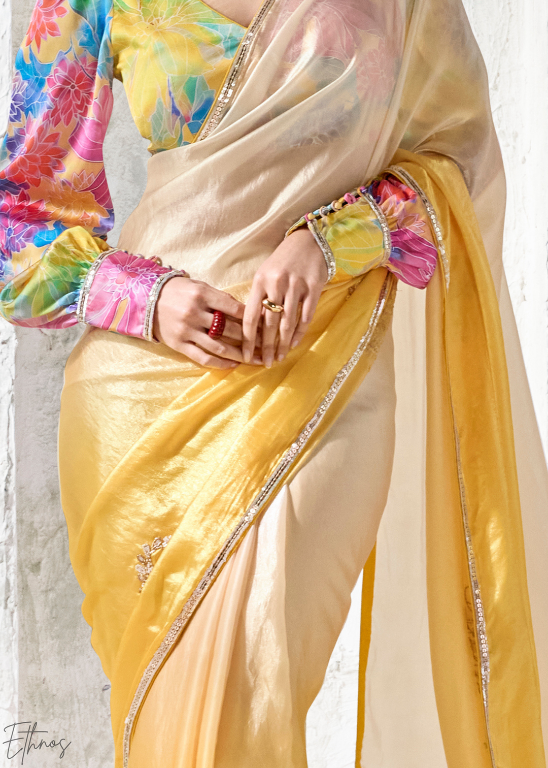 Yellow Ombre Floral Border Organza Silk Saree