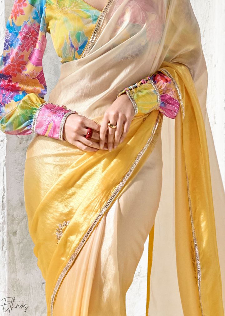 Yellow Ombre Floral Border Organza Silk Saree