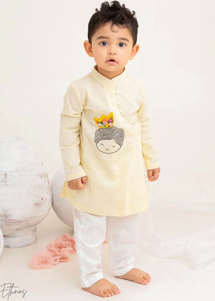 Yellow Prince Embroidered Organic Cotton Striped Kurta Pajama Set