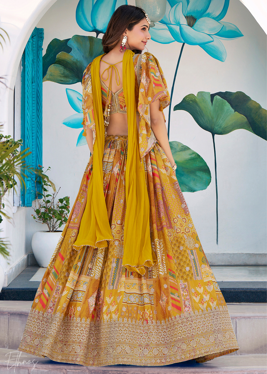 Yellow Printed Embroidered Chinon Silk Lehenga