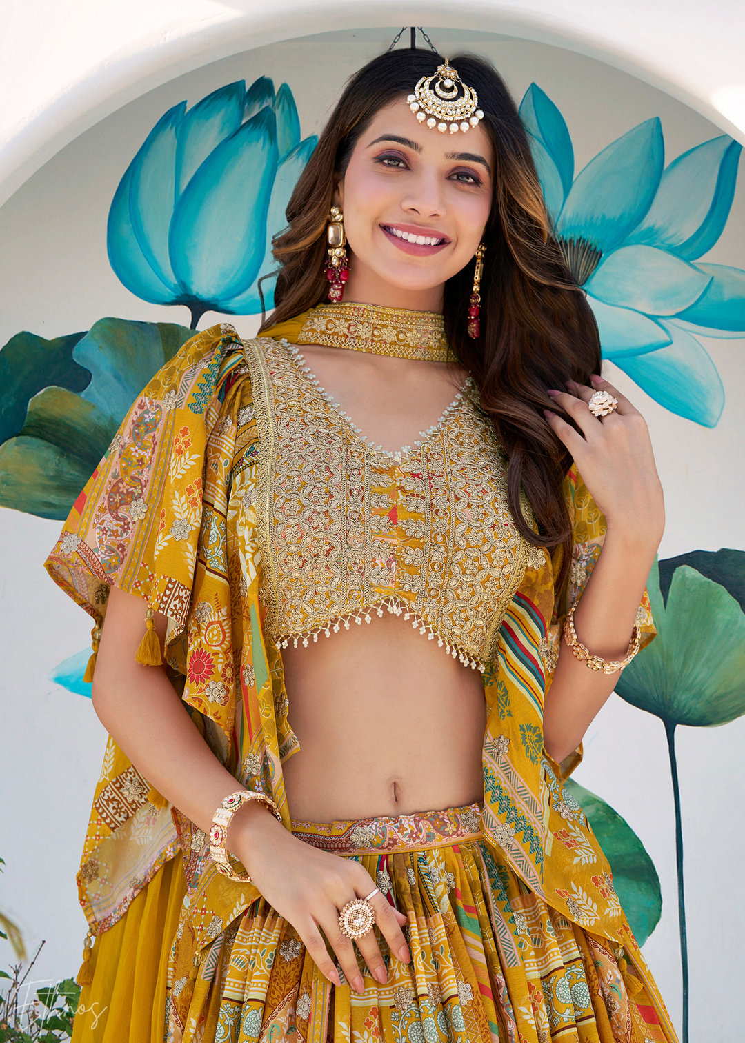 Yellow Printed Embroidered Chinon Silk Lehenga