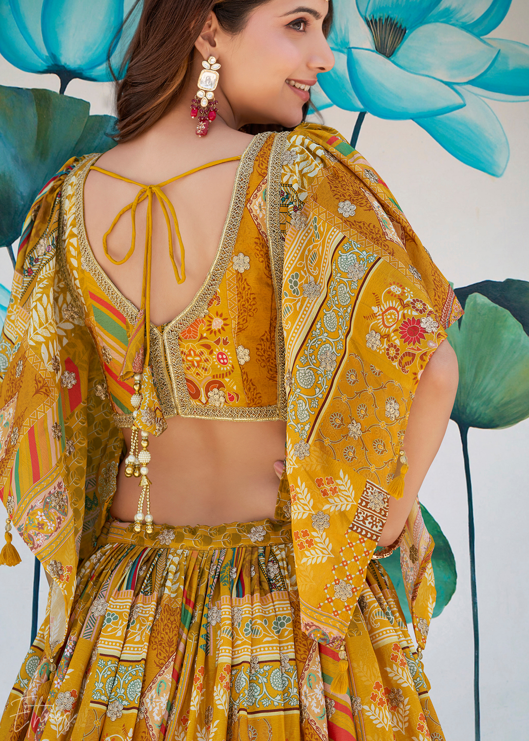 Yellow Printed Embroidered Chinon Silk Lehenga