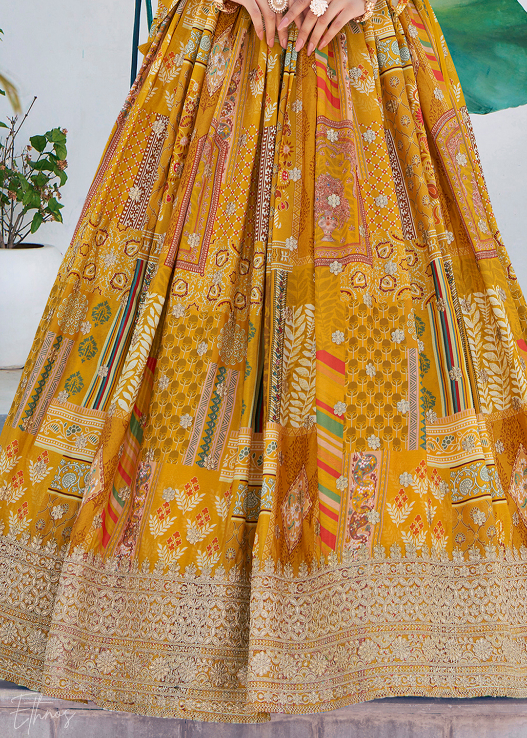 Yellow Printed Embroidered Chinon Silk Lehenga