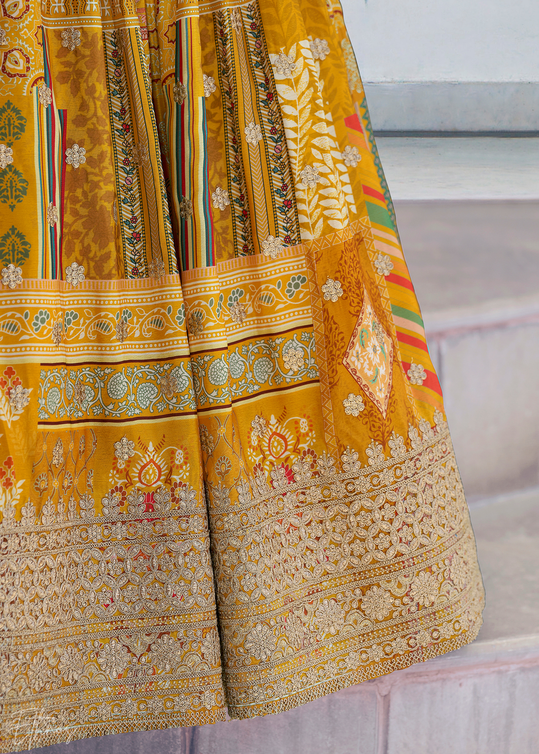Yellow Printed Embroidered Chinon Silk Lehenga