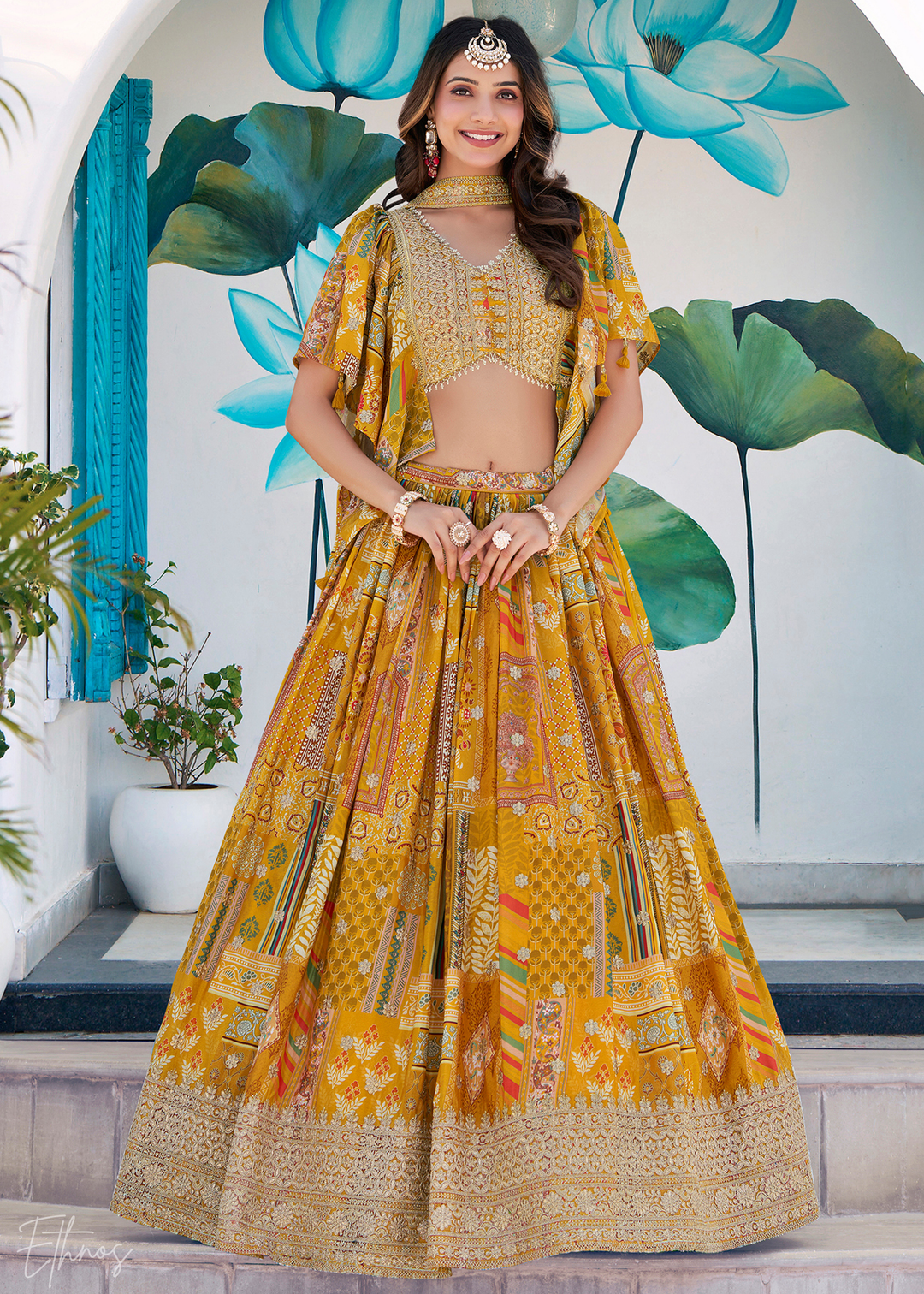 Yellow Printed Embroidered Chinon Silk Lehenga