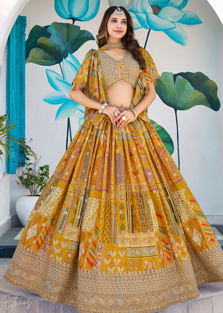 Yellow Printed Embroidered Chinon Silk Lehenga