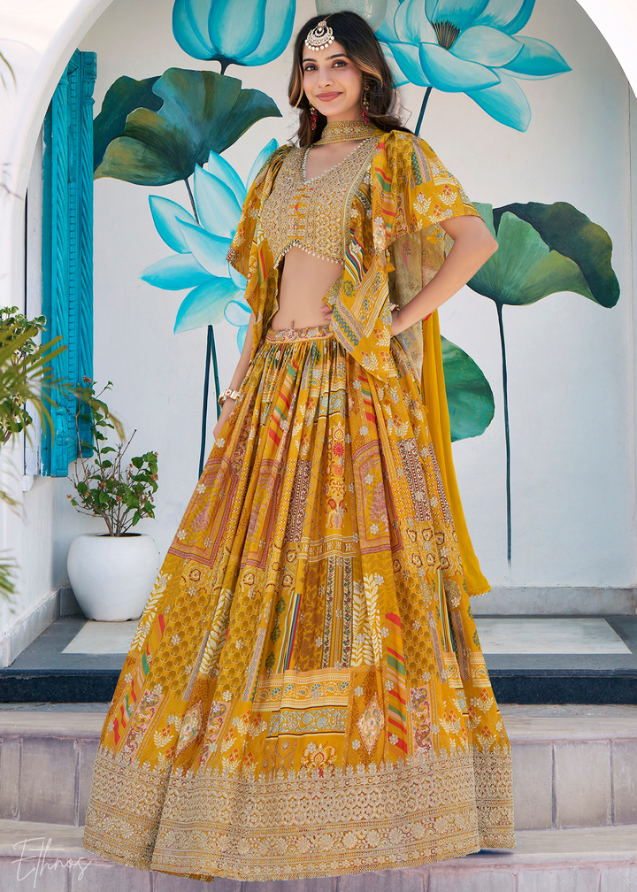 Yellow Printed Embroidered Chinon Silk Lehenga