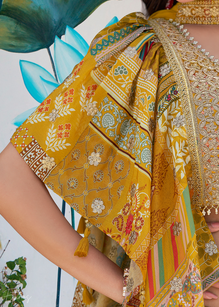 Yellow Printed Embroidered Chinon Silk Lehenga