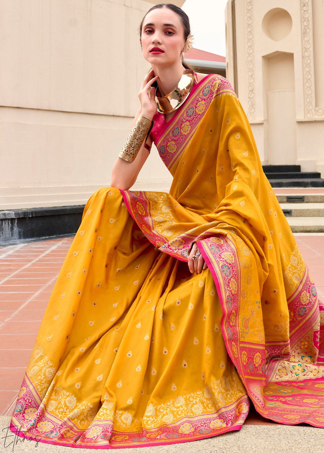 Yellow Banarasi Silk  Saree