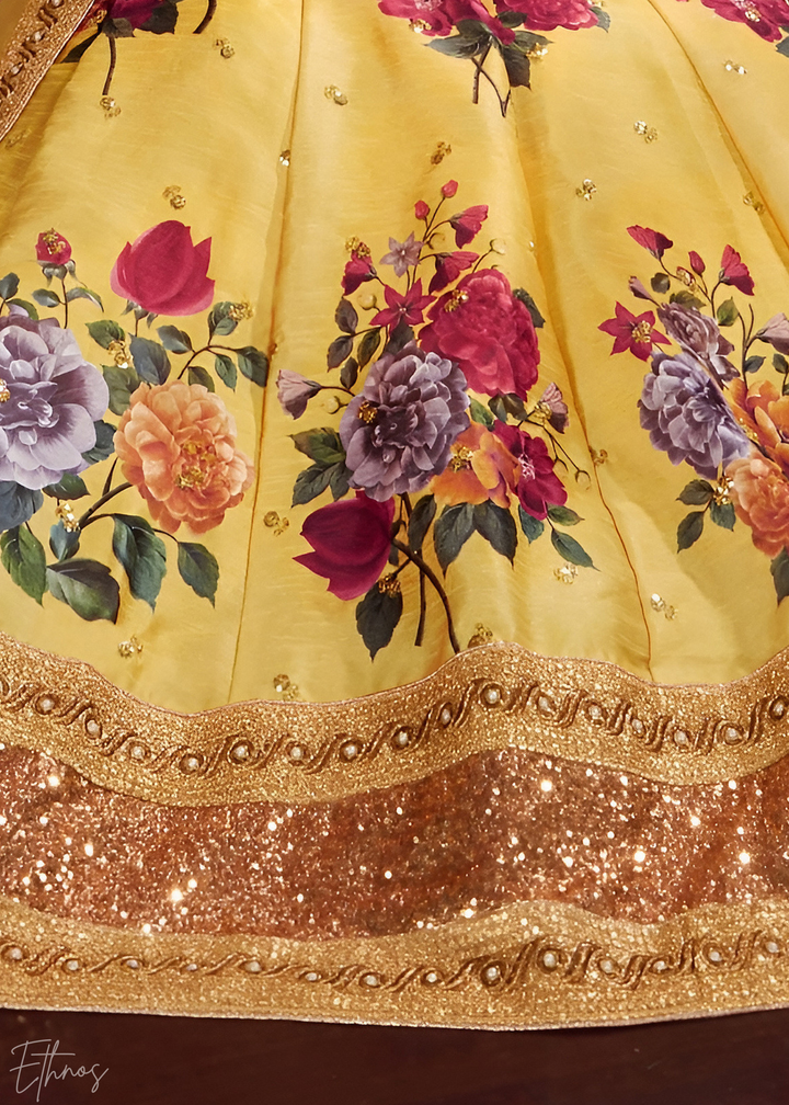 Saffron Yellow Zari Rose Silk Lehenga