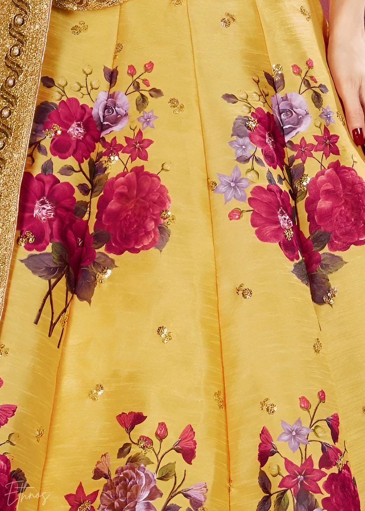 Saffron Yellow Zari Rose Silk Lehenga