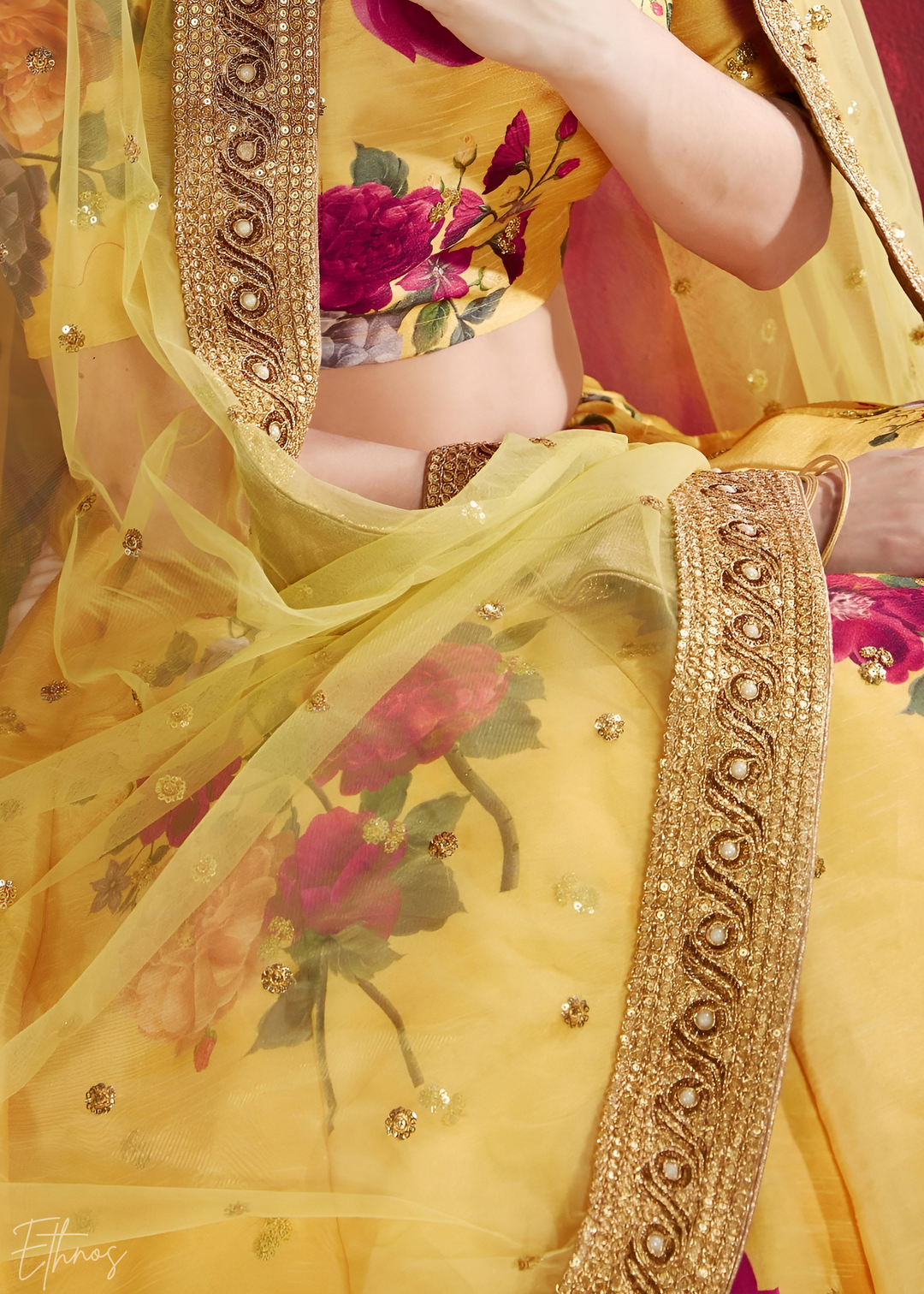 Saffron Yellow Zari Rose Silk Lehenga