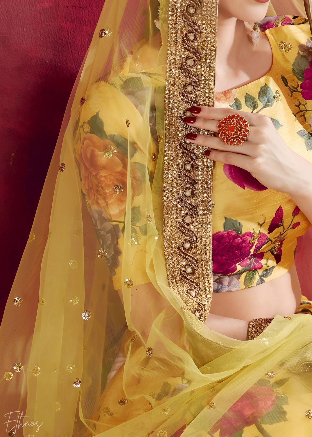Saffron Yellow Zari Rose Silk Lehenga