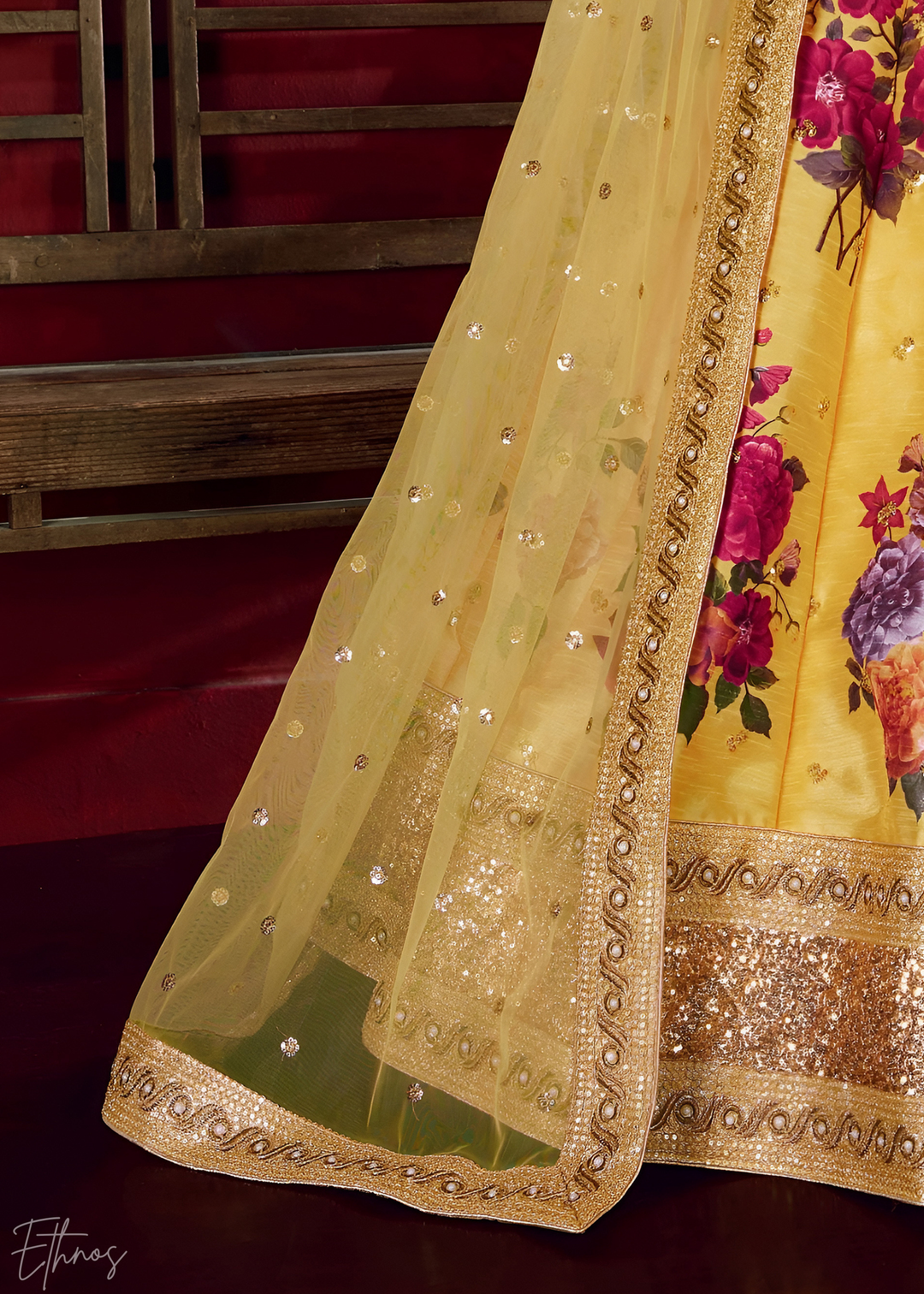 Saffron Yellow Zari Rose Silk Lehenga