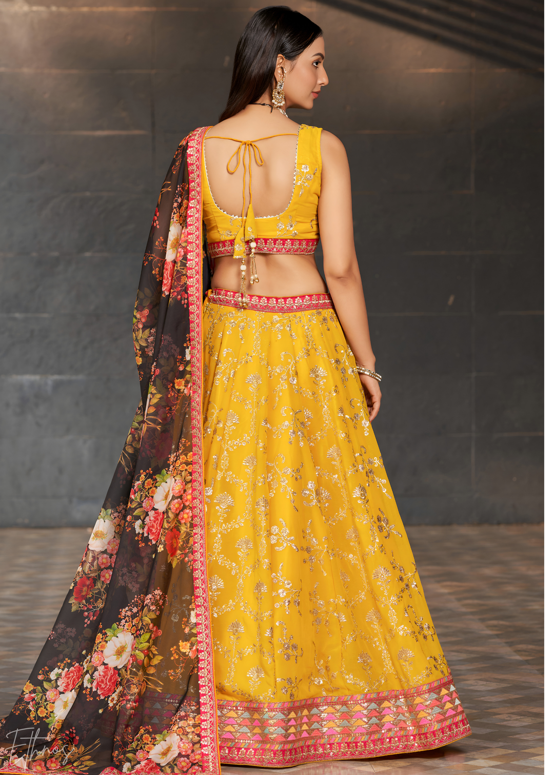Yellow & Black Sequins Georgette Lehenga