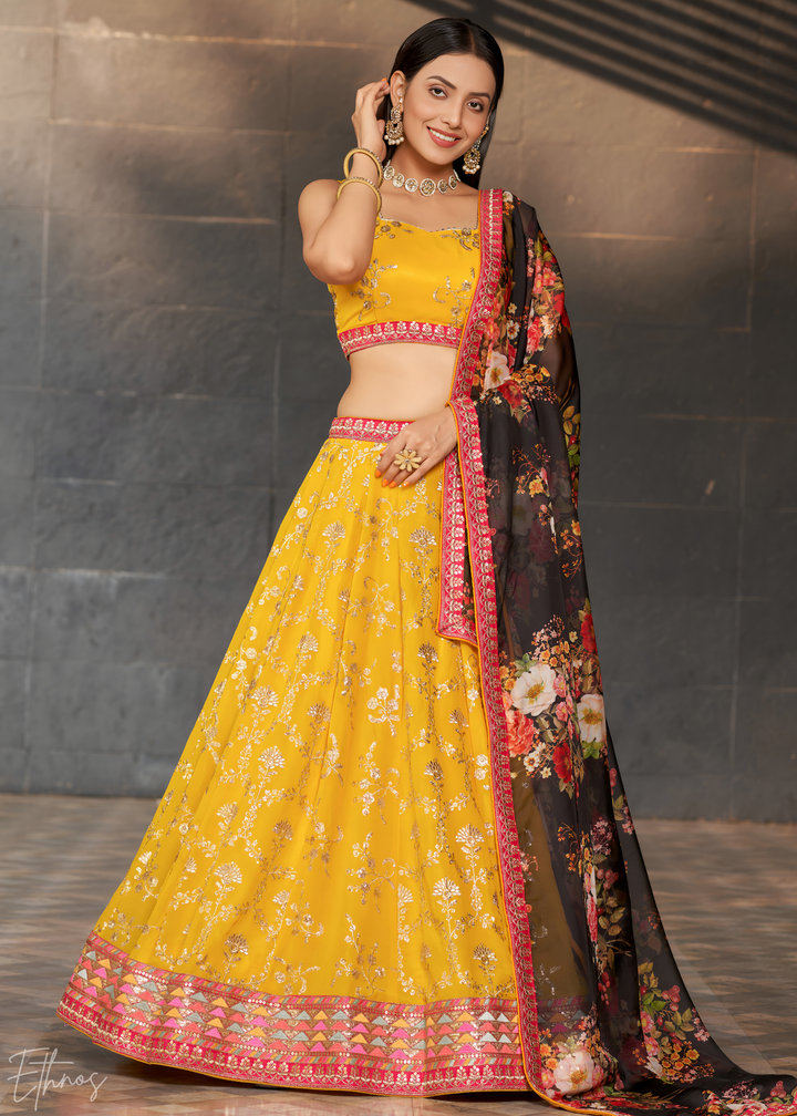 Yellow & Black Sequins Georgette Lehenga