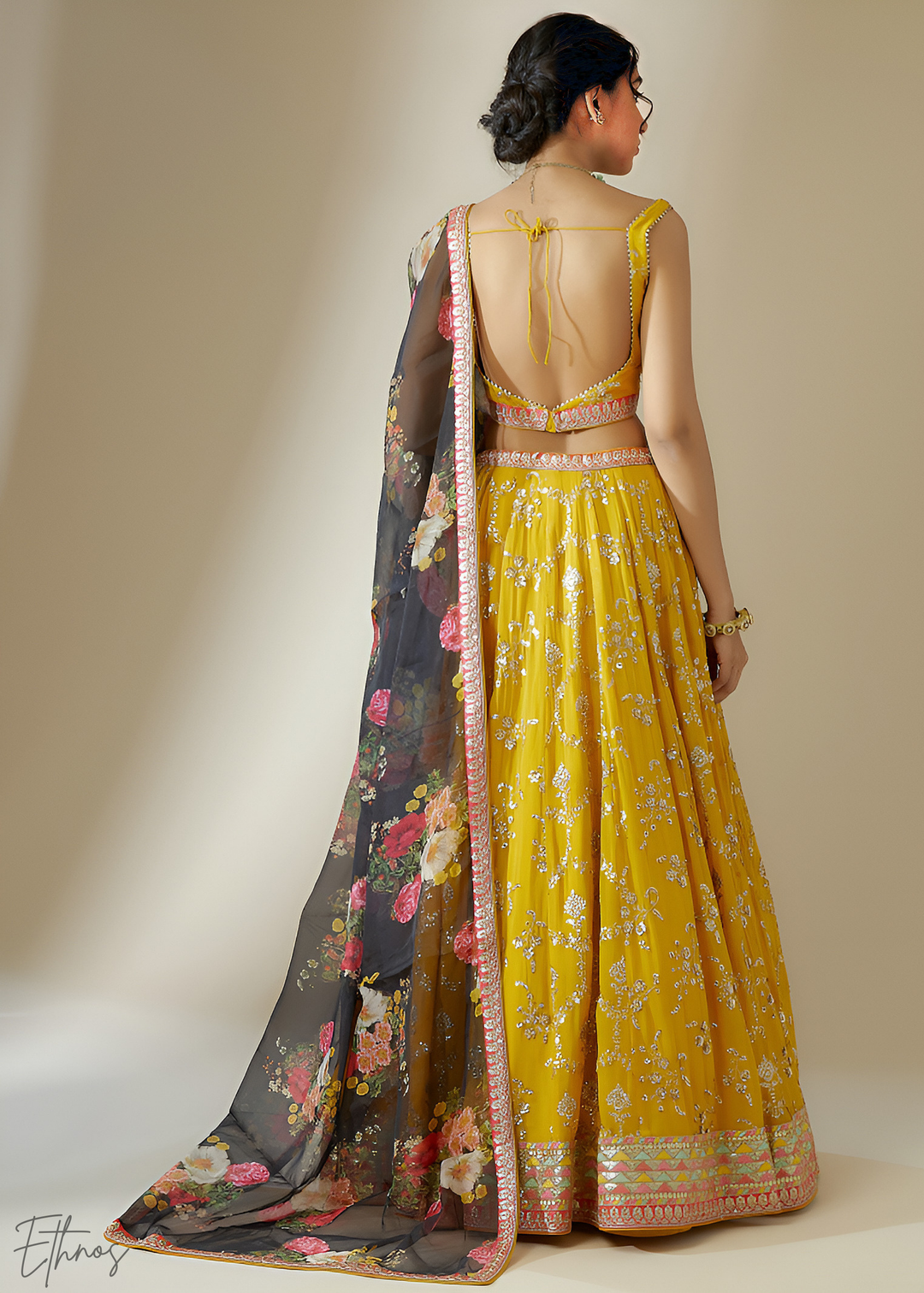 Yellow & Black Sequins Georgette Lehenga