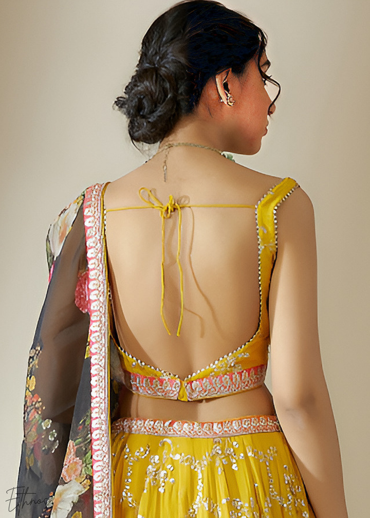 Yellow & Black Sequins Georgette Lehenga