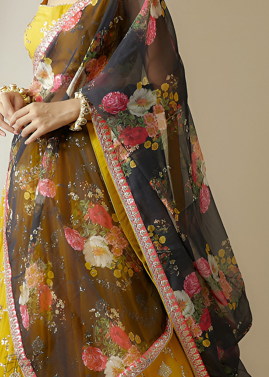 Yellow & Black Sequins Georgette Lehenga