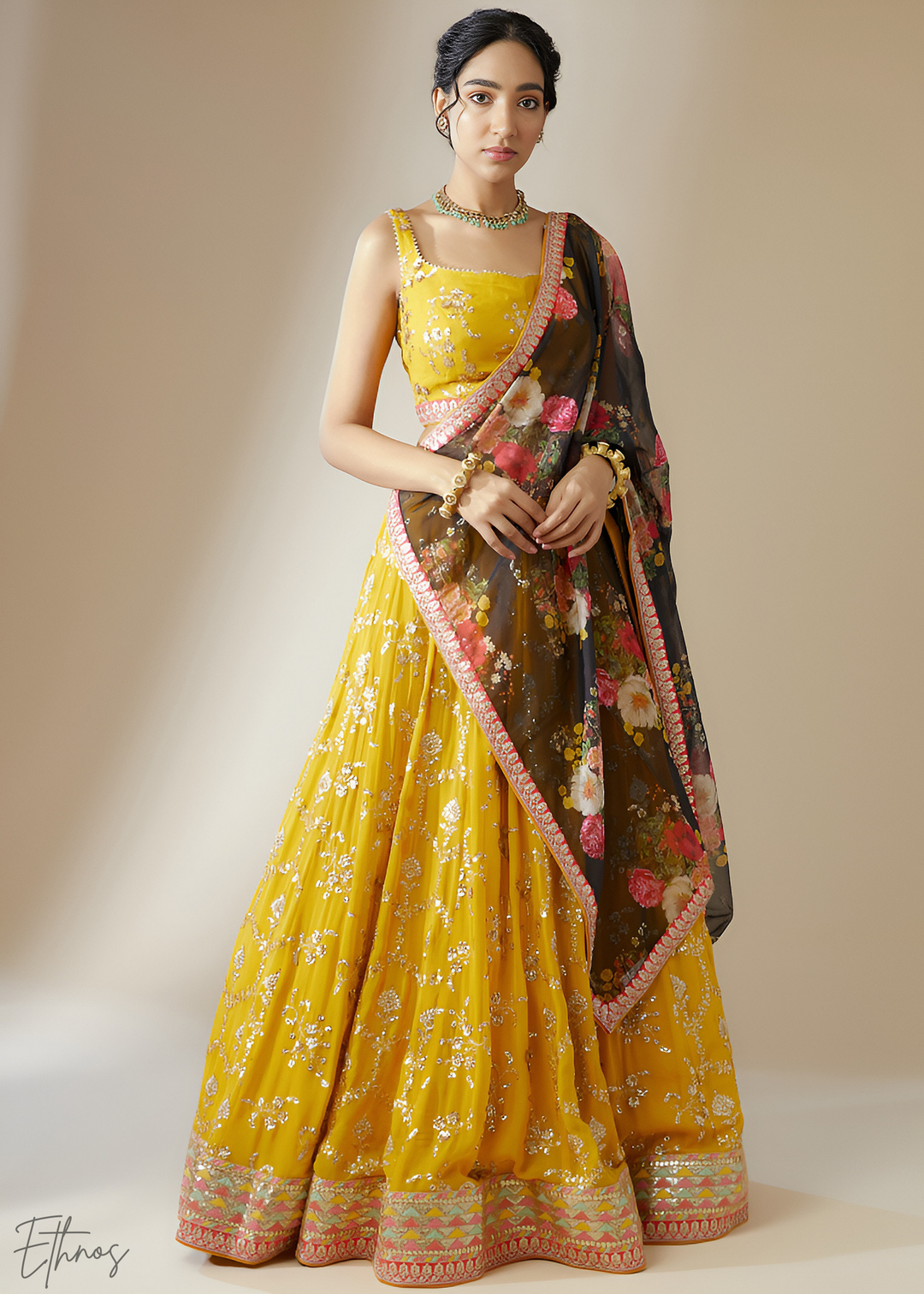 Yellow & Black Sequins Georgette Lehenga