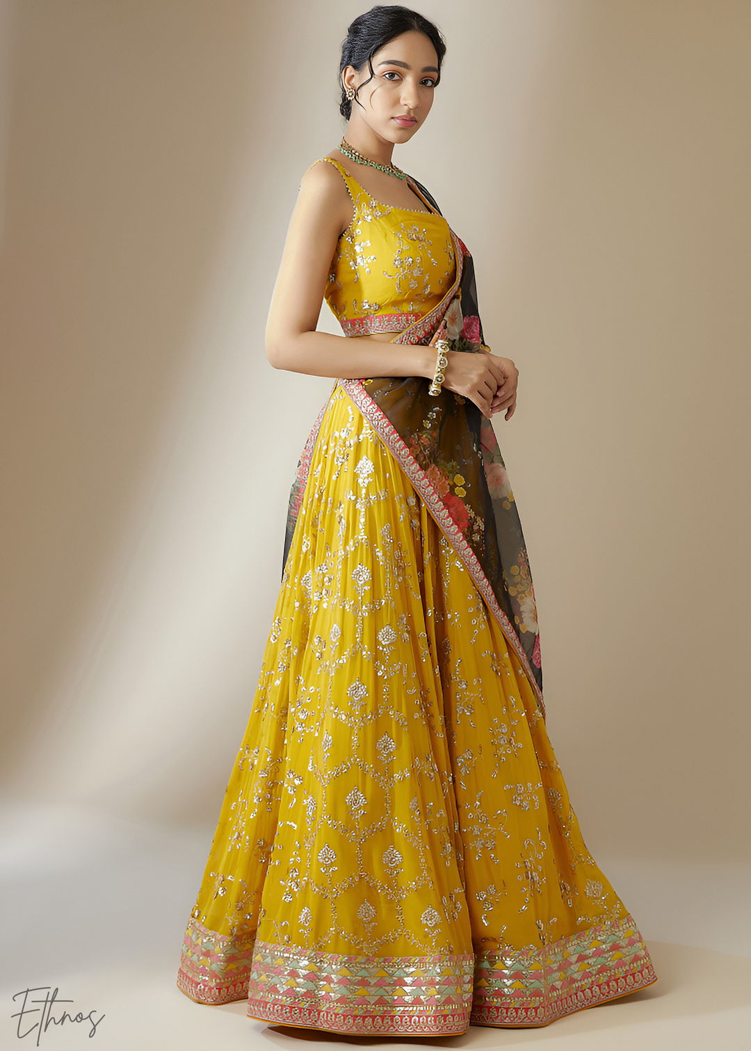 Yellow & Black Sequins Georgette Lehenga