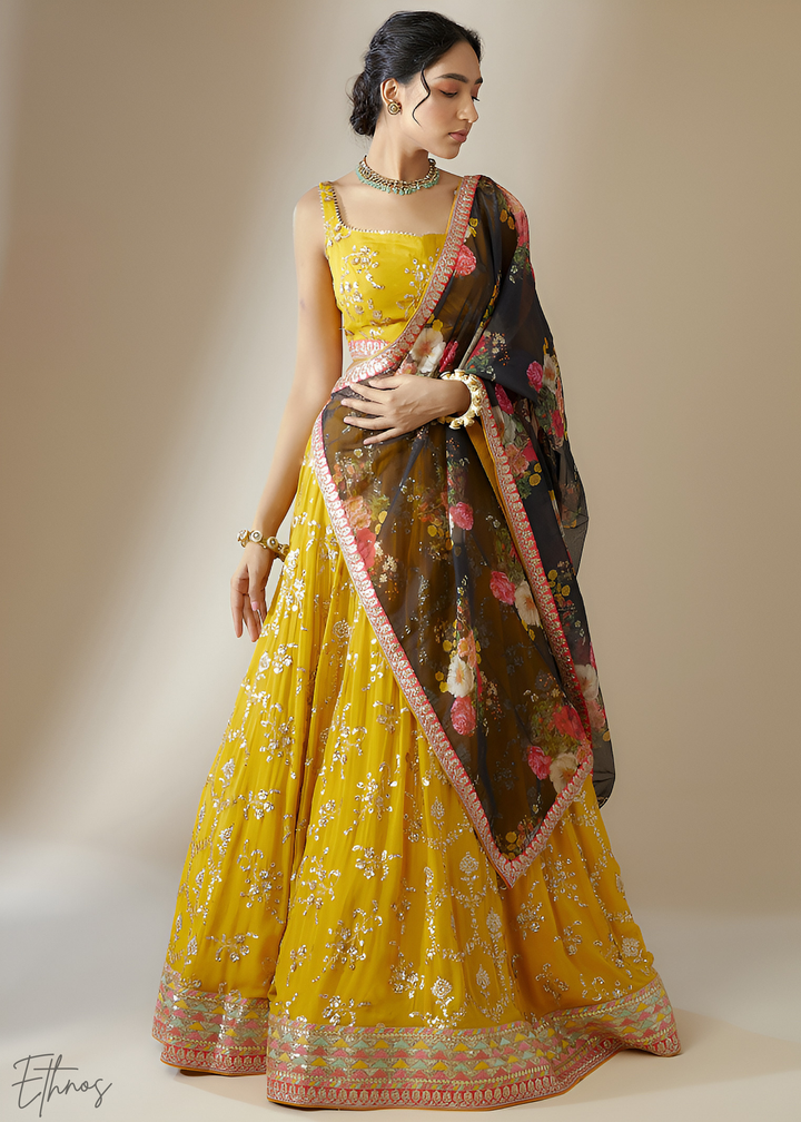 Yellow & Black Sequins Georgette Lehenga