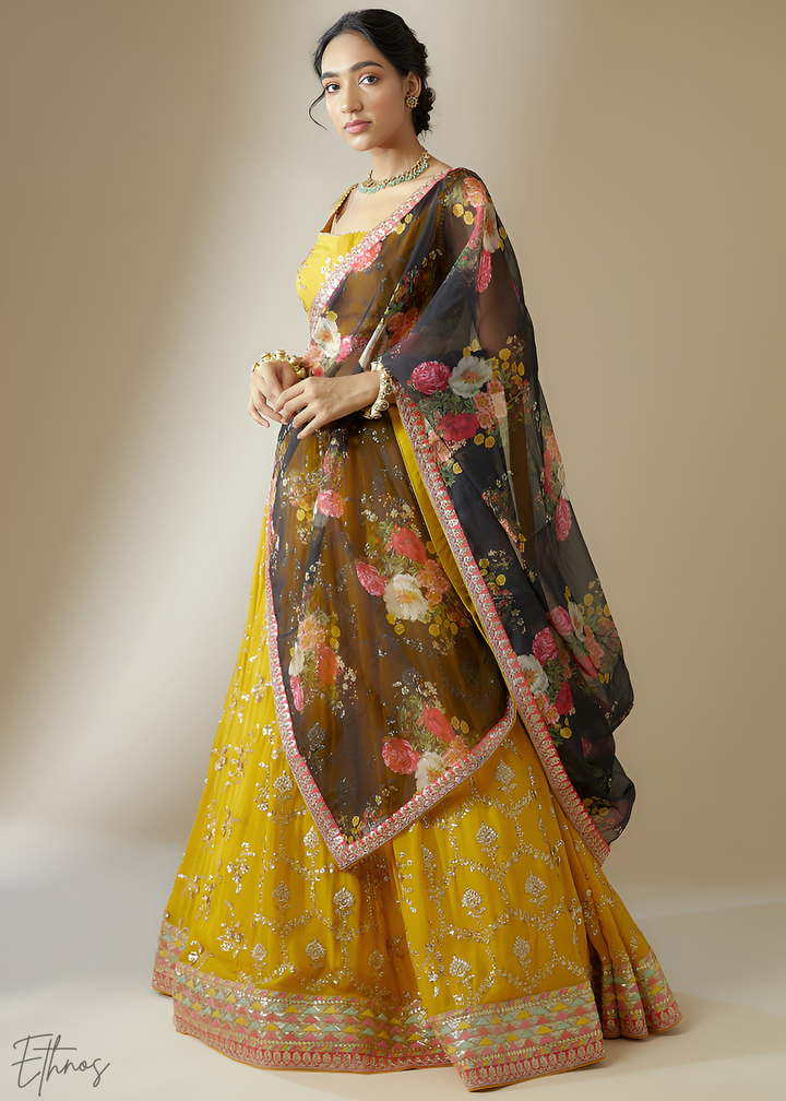 Yellow & Black Sequins Georgette Lehenga