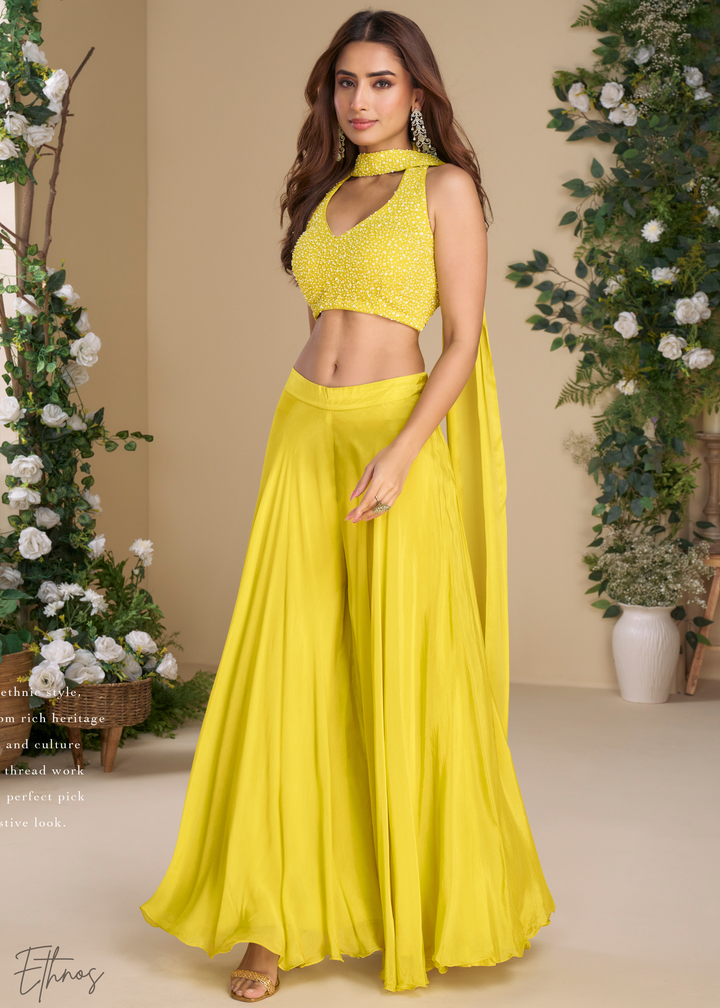 Yellow Chinon Sequins Palazzo Choli Suit