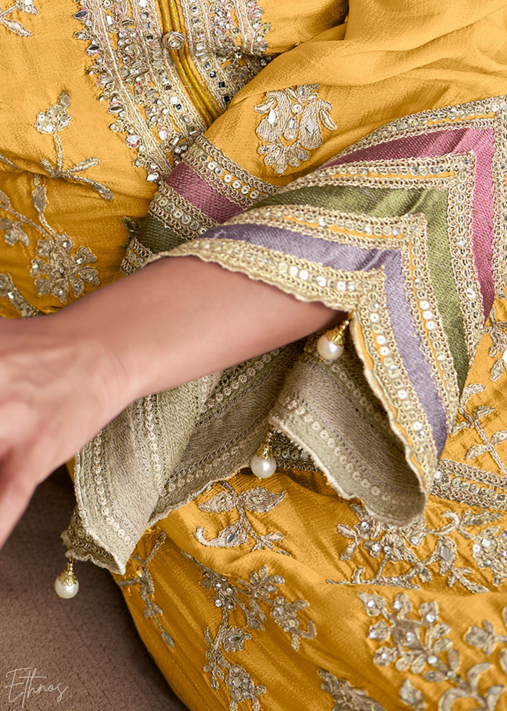 Yellow Embroidered Chinon Palazzo Suit