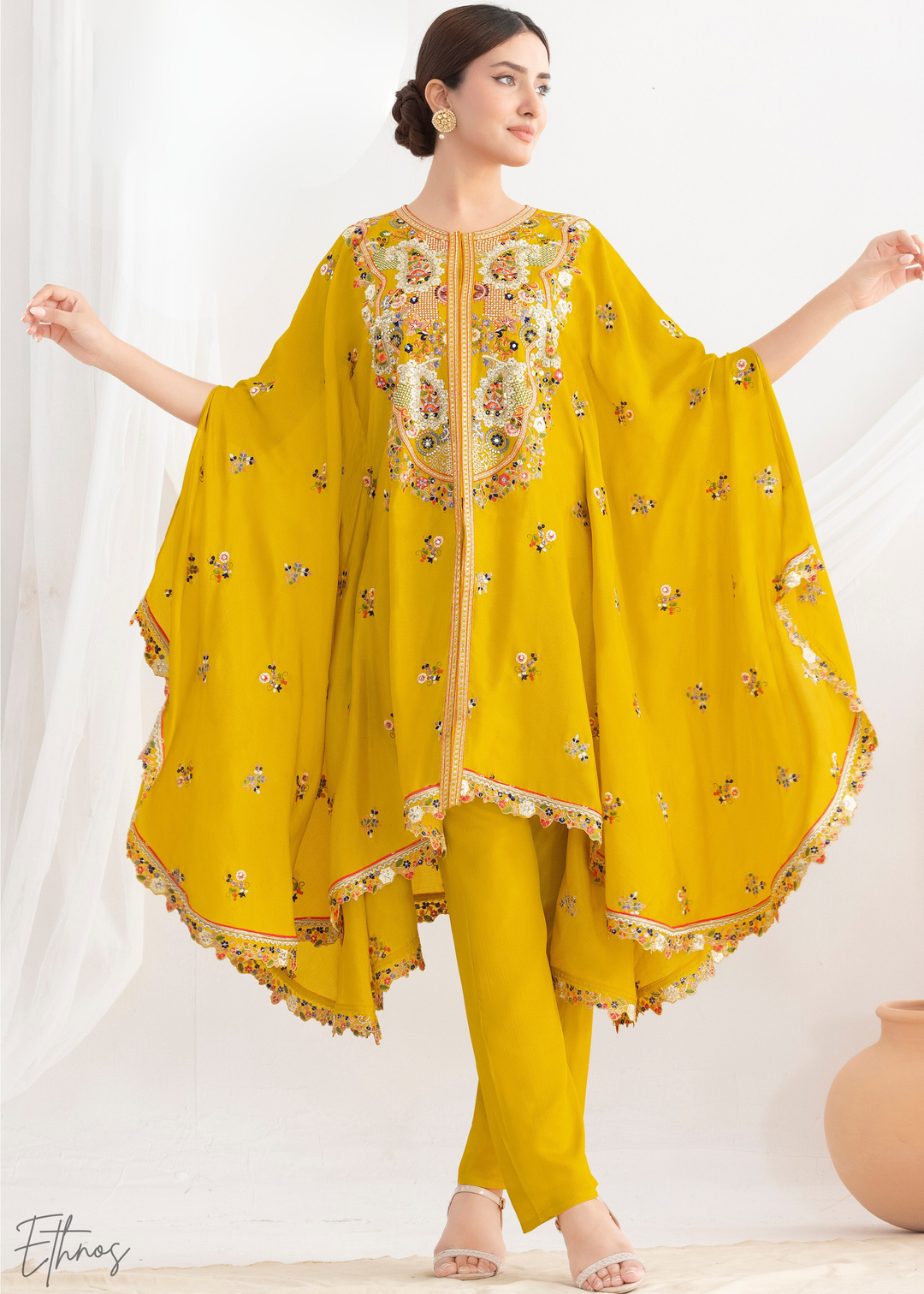 Mustard Yellow Chinon Kaftaan Palazzo Suit