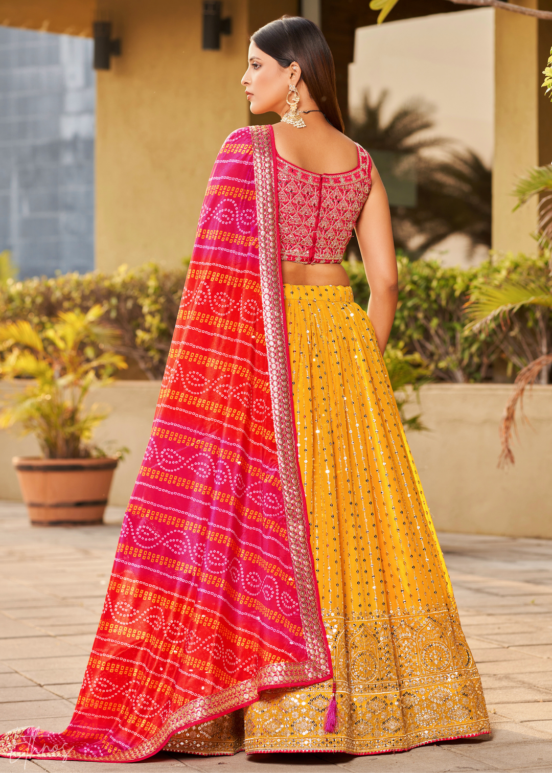 Yellow & Pink Sequins Georgette Lehenga
