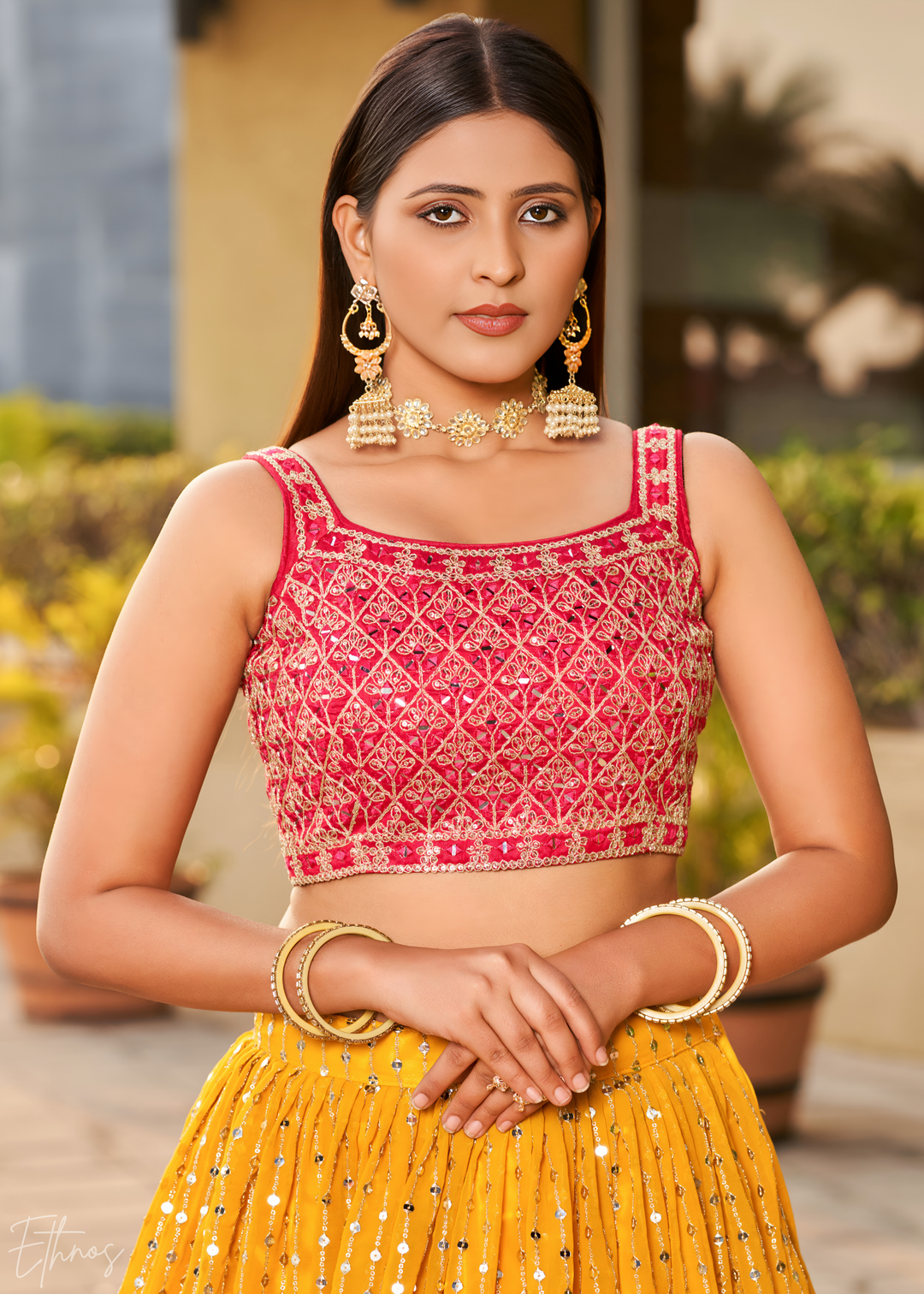 Yellow & Pink Sequins Georgette Lehenga
