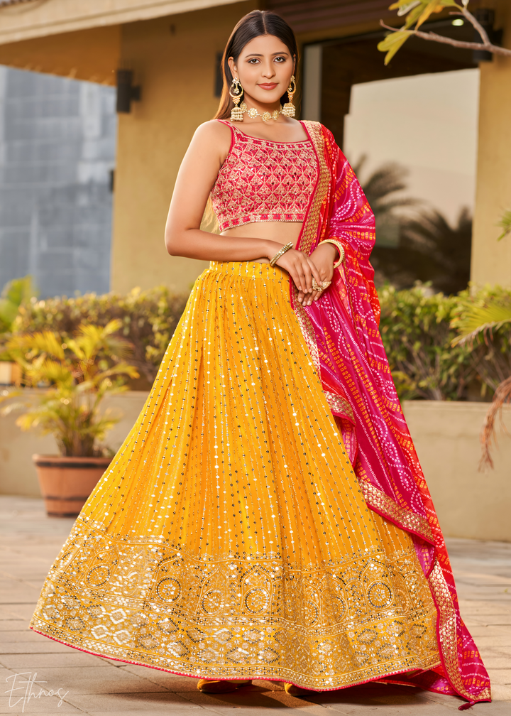 Yellow & Pink Sequins Georgette Lehenga