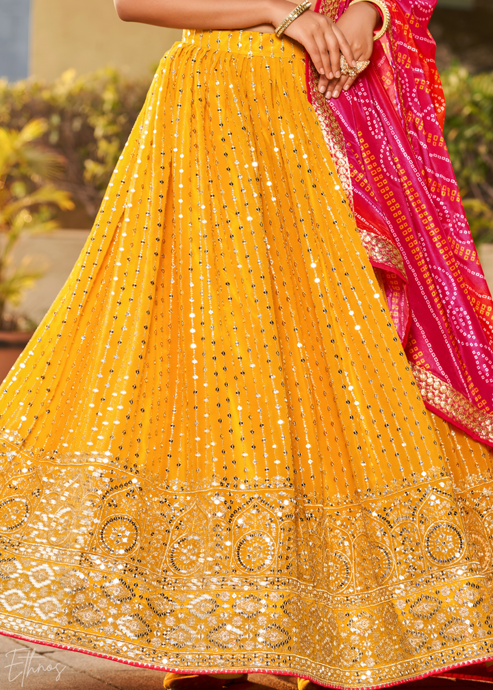 Yellow & Pink Sequins Georgette Lehenga