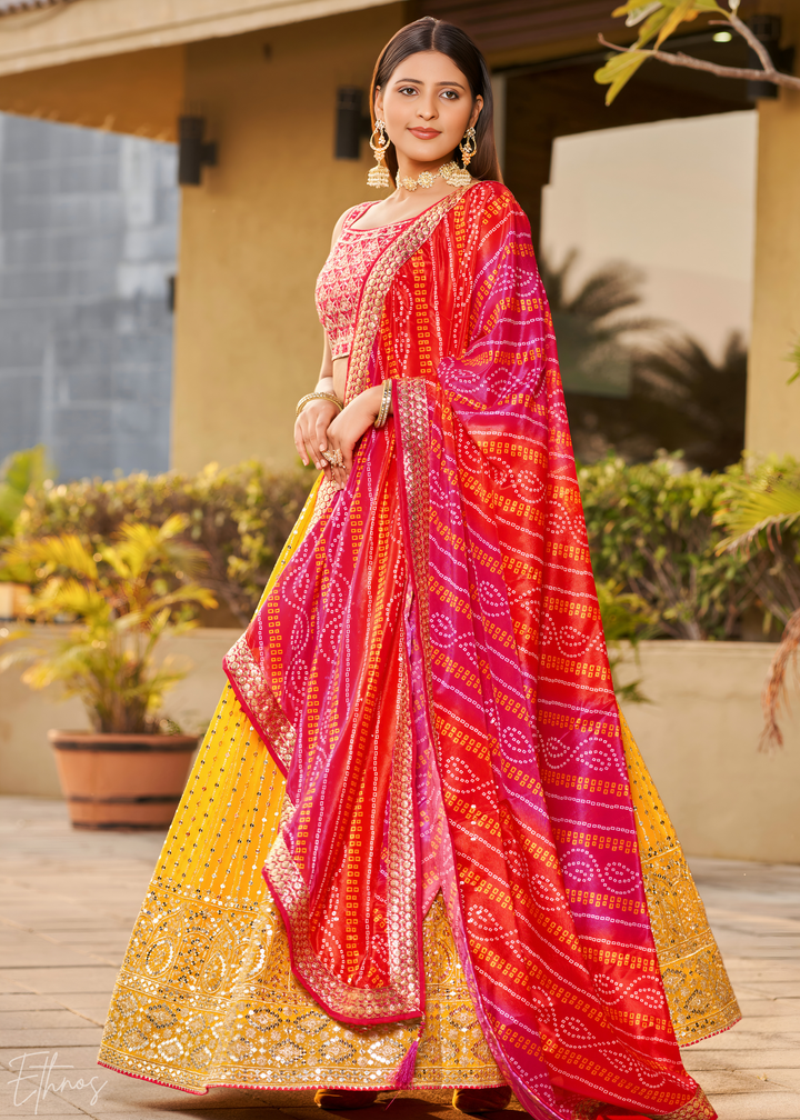 Yellow & Pink Sequins Georgette Lehenga