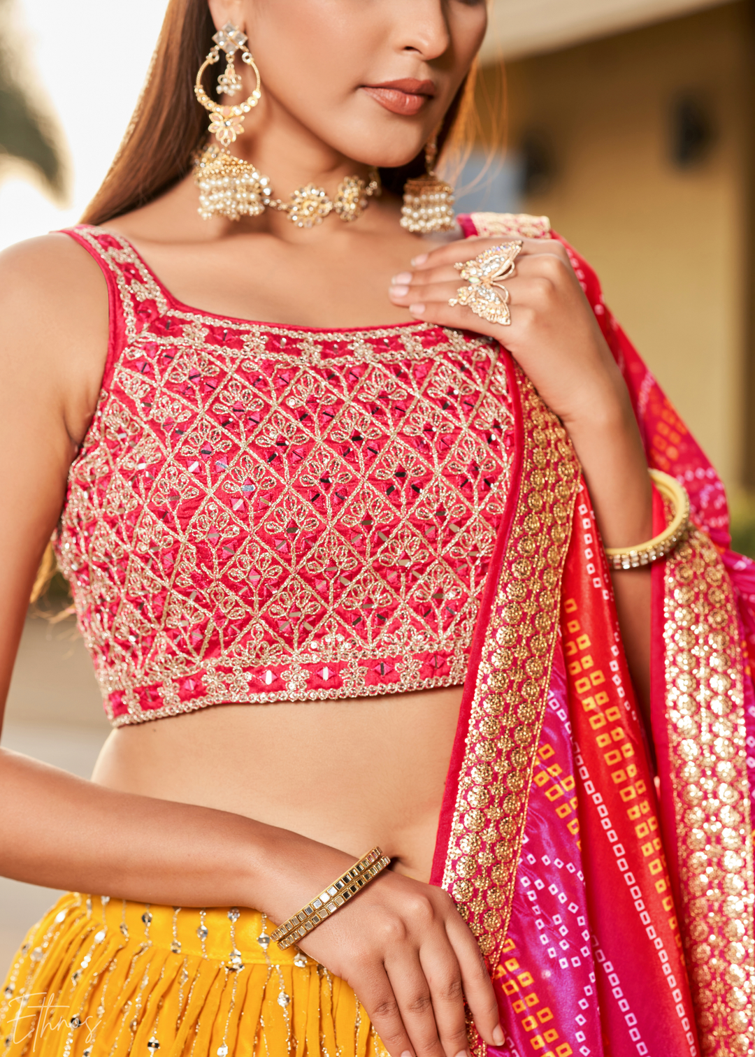 Yellow & Pink Sequins Georgette Lehenga