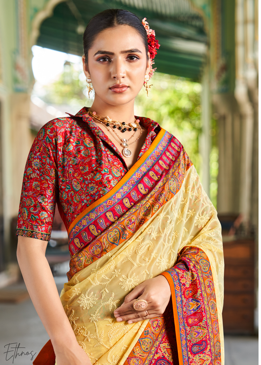 Yellow & Red Pashmina Woven Georgette Saree
