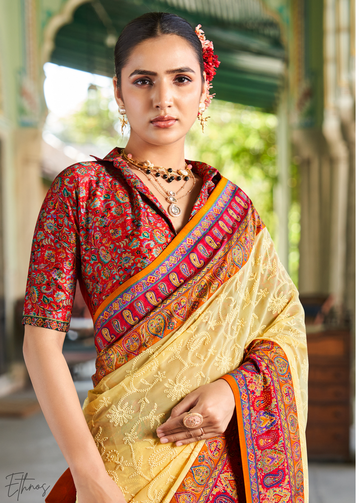 Yellow & Red Pashmina Woven Georgette Saree