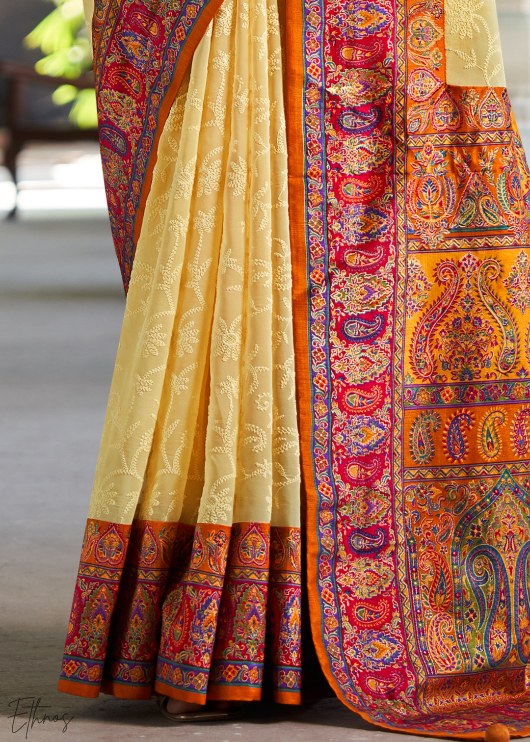 Yellow & Red Pashmina Woven Georgette Saree