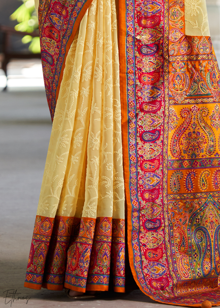 Yellow & Red Pashmina Woven Georgette Saree