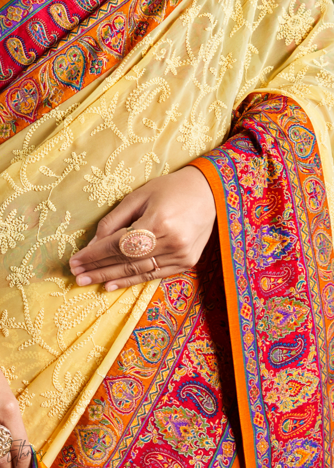 Yellow & Red Pashmina Woven Georgette Saree