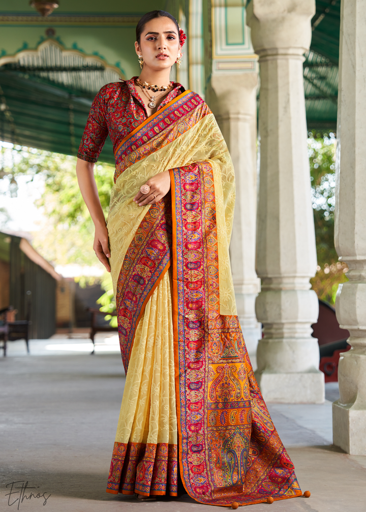 Yellow & Red Pashmina Woven Georgette Saree