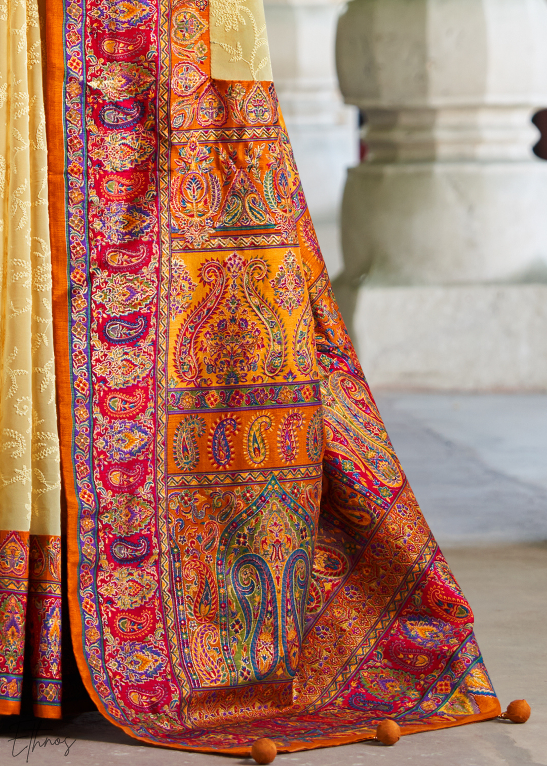 Yellow & Red Pashmina Woven Georgette Saree