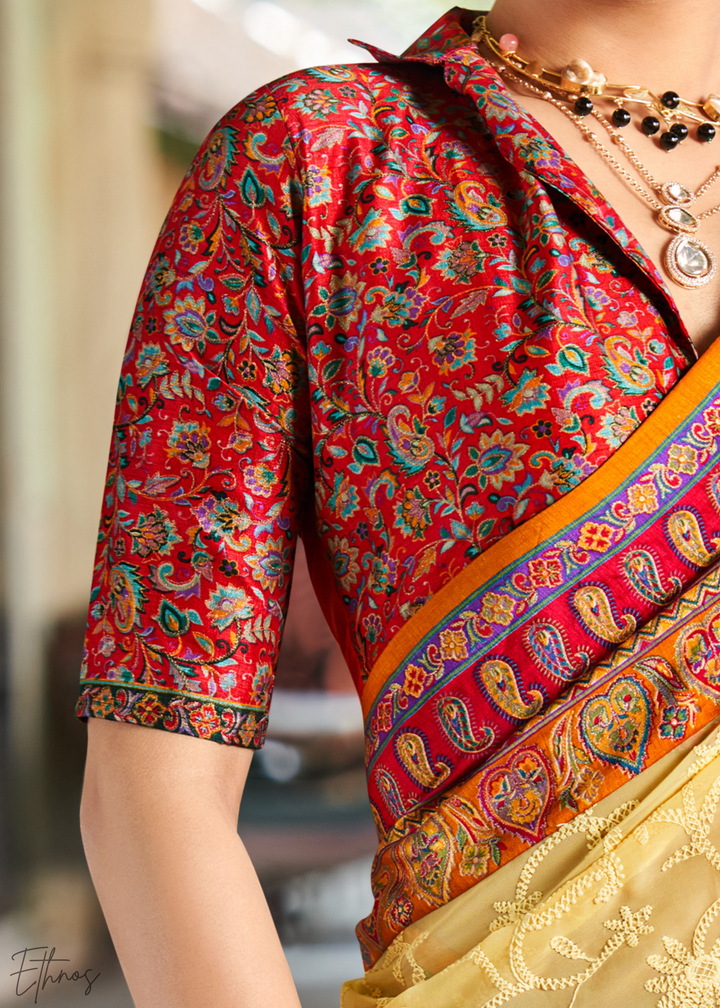 Yellow & Red Pashmina Woven Georgette Saree